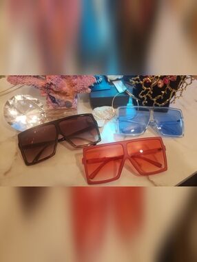 3-Stylish Oversized Square Frame Sunglasses - Red, Blue, Brown